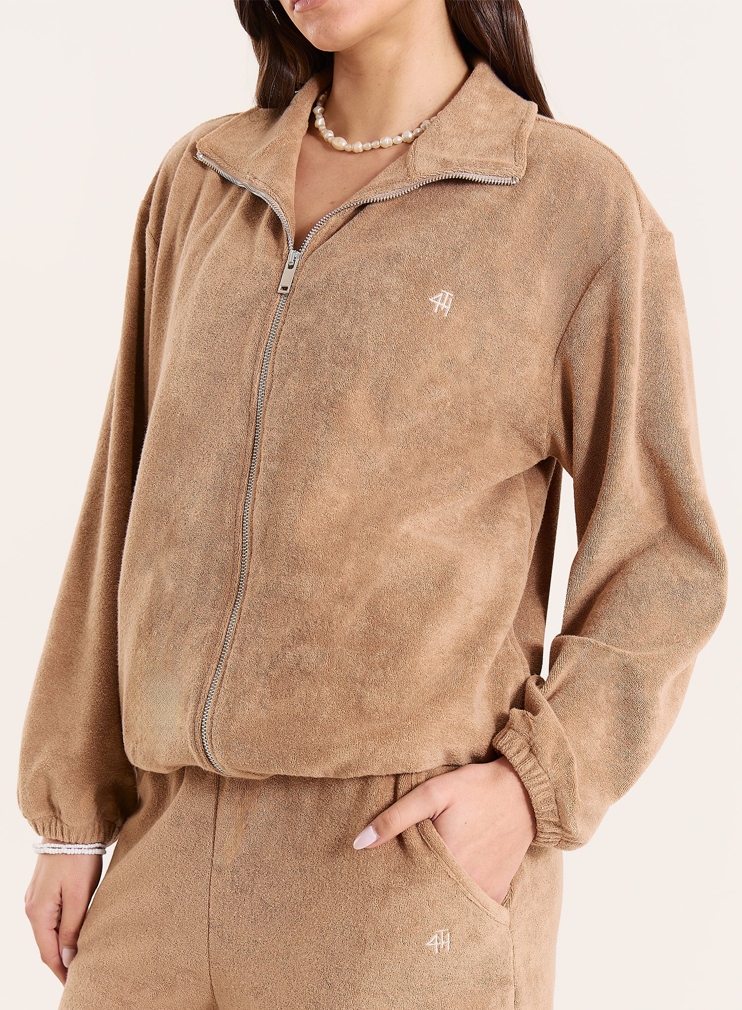 Beige Towelling Funnel Neck Jacket